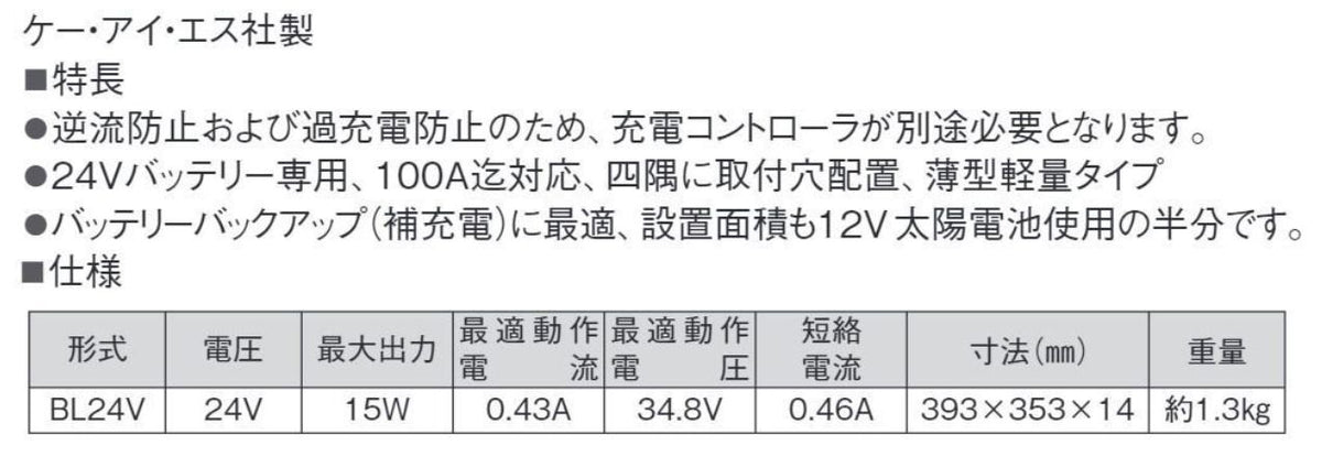 BL24V ソーラーパネル 24V KIS 太陽光発電 ボート キャンピングカー バッテリー 防水